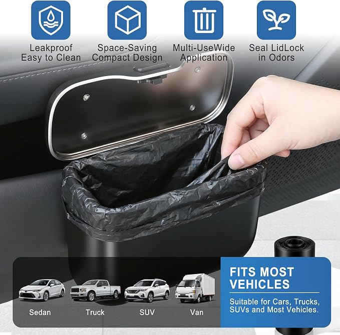Car Trash Can with Lid, Leakproof Auto Garbage Bin, Hanging Mini Vehicle Trash Bin, Essentials Interior Car Accessories for Organizer, Vehicle Garbage Can for SUV, Truck, Auto (Black)