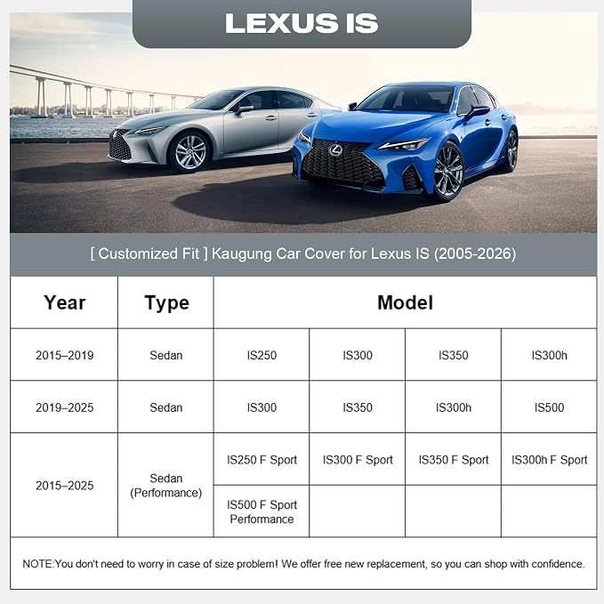 KouKou Car Cover Custom Fit for Lexus IS250 IS300 IS350 (2005-2026), 6 Layers Waterproof All Weather for Automobiles Full Exterior Cover Rain Sun Snow Protector with Door Zipper. Silver