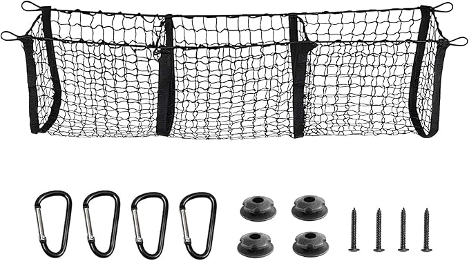 BAILALIBO 3-Pocket Cargo Net with Metal Hooks, 43.5x11.8 in | Expandable elastic net, heavy-duty for SUV/truck/pickup, secure trunk storage, stretchable organizer for exterior