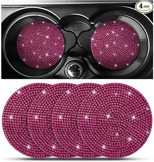 Osilly Bling Car Cup Holder Coaster, Crystal Rhinestone Anti-Slip Insert Coasters, Universal 2.75 Inch Fashion Automotive Cup Mat, Car Interior Accessories Decor Gifts for Women (Rose Red, 4PCS)