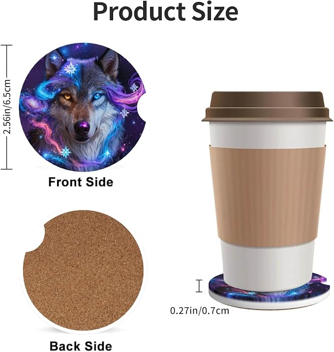 Galaxy Wolf Car Cup Holder Coasters 2 Pack 2.63" for Women | Universal Anti Slip Ceramic Absorbent Coaster with Cork Base and Finger Notch Cute Car Accessories Interior