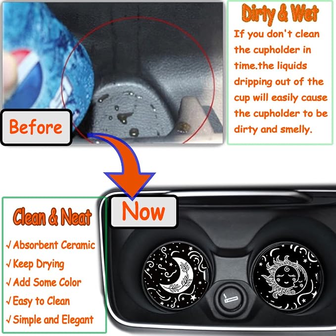 2.56" Small Absorbent Car Coasters (2-Pack) - Ceramic Cup Holder Coasters for Cars, Anti-Slip & Spill-Proof - Keep Cupholders Clean & Dry