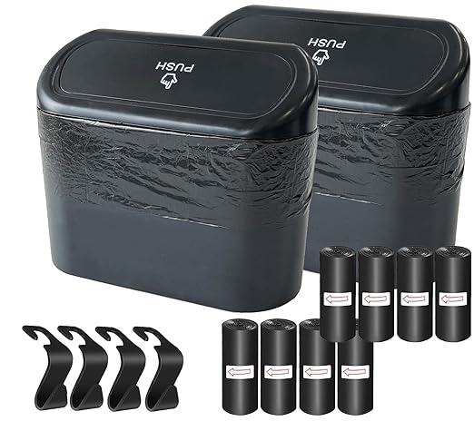 2 Pack Car Trash Can with Lid+4 PCS Car Hooks, Mini Auto Dustbin Trashcan | Includes 120 pcs Trash Bags, Automotive Storage Container Garbage Organizer, Multipurpose Trash Bin for Vehicle, Home, Office