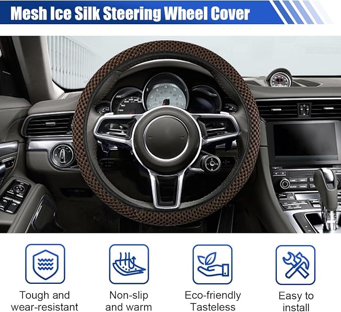 Elastic Stretch Steering Wheel Cover, for Men Women (Coffee) | 15" Breathable Microfiber Ice Silk Steering Wheel Protector, Universal Anti-Slip Warm in Winter&Cool in Summer Car Accessory