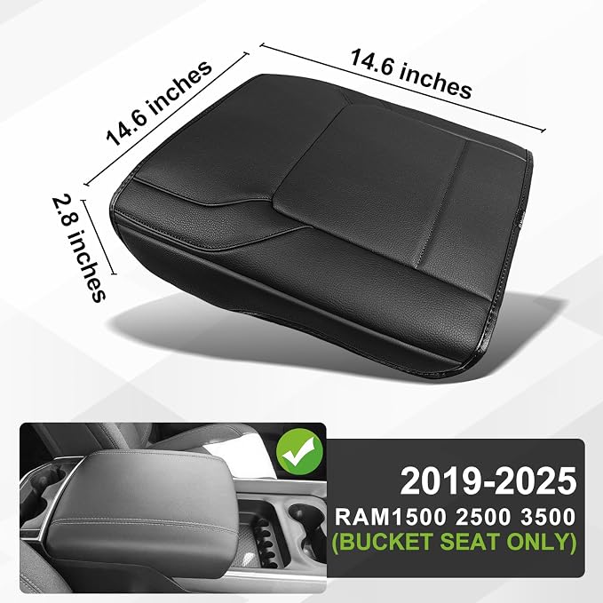 Muslogy Center Console Armrest Cover Fit for Dodge Ram1500 2500 3500 2019-2026 Accessories, Comfort Armrest Pad Console Lid Cushion Vegan Leather Regular Thick(Bucket Seat ONLY, NO Limited,Laramie)