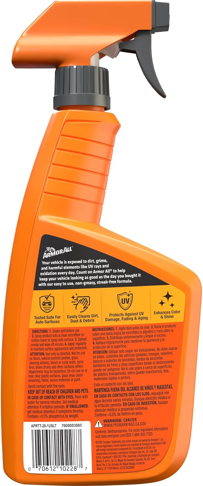 Armor All Streak-Free Original Protectant Spray, Car Interior Cleaner, 28oz | Car cleaning spray, dashboard cleaner for car interior safe on vinyl, rubber, plastic; apply with cloth, not for controls