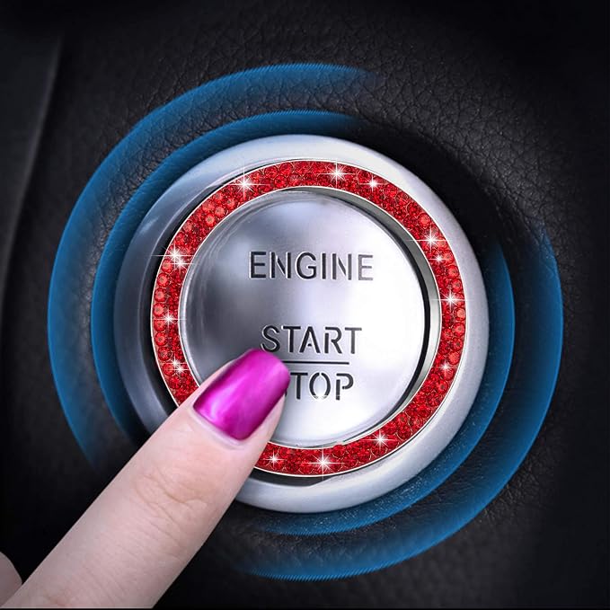 WINKA 2pcs Bling Car Engine Start Button Cover Diamond Crystal Push Start Stop Button Ring Sparkly Bling Ignition Button Cover Rhinestone Keyless Ignition Ring Universal Car Accessories (Red)