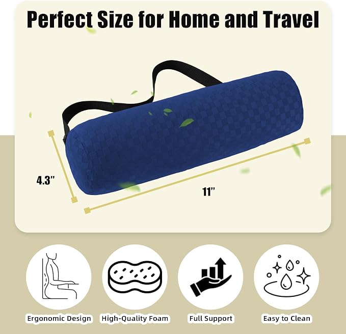 Coeyese Lumbar Roll Pillow for Lower Back Support, Dark Blue, 11*4.3'' | Removable Pillowcase, Upgraded Adjustable Strap, Suitable for Office, Chair, Car, Seat Pain Relief & Improving Posture