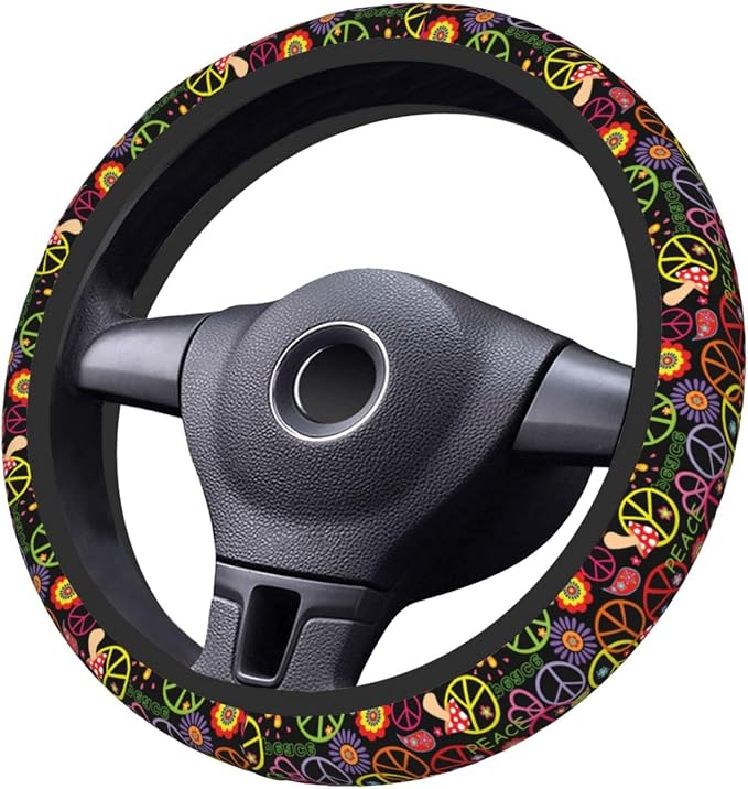 Hippie Peace Floral Mushroom Steering Wheel Cover for Women Men Girls Car Accessories Decor Anti-Slip Neoprene Auto Steering Wheel Covers Protector Universal 15 Inch