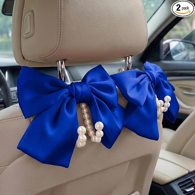 2PCS Satin Bow Pearl Car Seat Headrest Hooks – Car Bag Holder & Vehicle Hanger for Purses – Cute Coquette Aesthetic Interior Decoration – Cute Auto Organizer Accessories Universal (Deep Blue)
