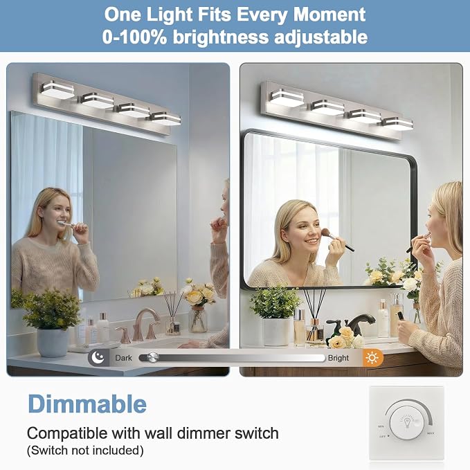 Torondo 360° Rotate LED Bathroom Vanity Light Fixtures, Acrylic Vanity Lights for Bathroom, Modern Wall Lighting Fixtures Over Mirror Living, Brushed Nickel, 100%-0% Natural White, 4-Light, 27-Inch