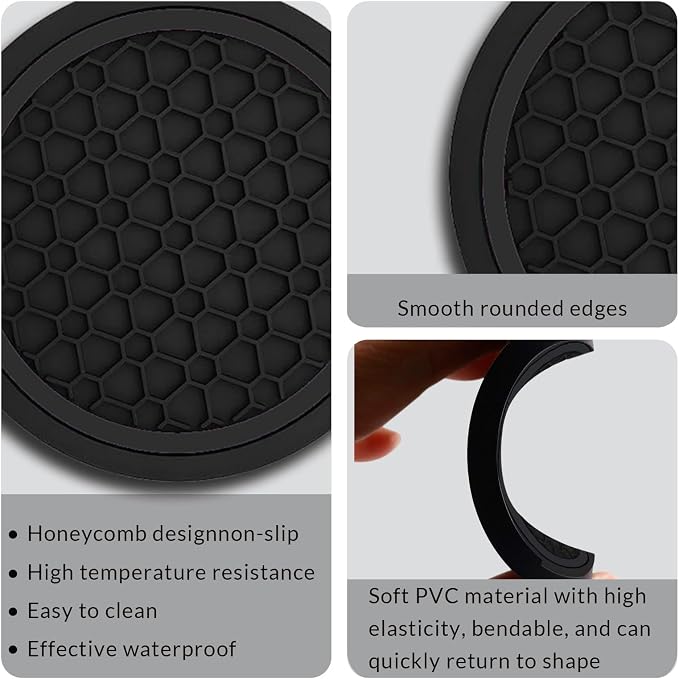 Car Cup Holder Coasters, Dustproof Automotive Interior Accessories Mat,2.75 Inch Non-Slip Insert Water Bottle Holder Pads, Universal for Vehicles, Trucks, RVs and More (Black/Black, 2PCS)
