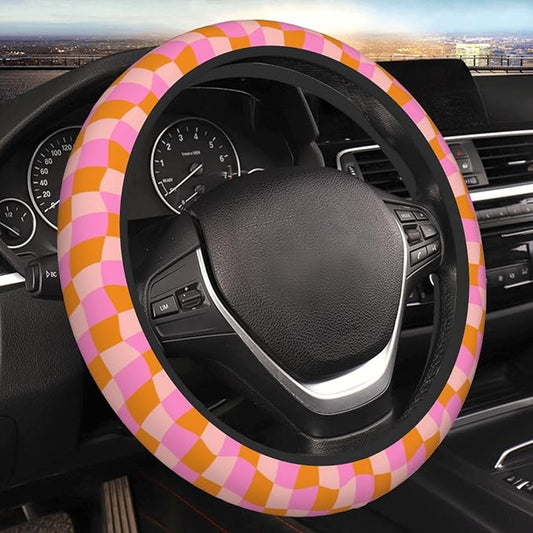 Groovy Checkered Abstract 70s Retro Steering Wheel Cover For Women Men Girls Car Accessories Decor Anti-Slip Neoprene Auto Steering Wheel Covers Protector Universal 15 Inch