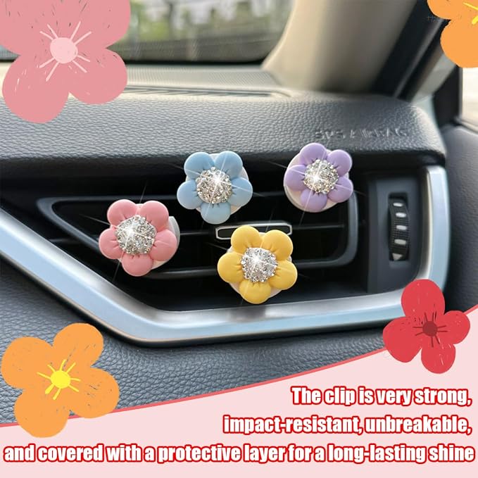 Osilly Bling Car Air Vent Clips, 4PCS/2Set Flower Rhinestone Vehicle Air Outlet Clamp, Sparkly Diamond Automotive Interior Vent Clip Charm Decor Accessories, Universal for SUV Truck RV (Multi)