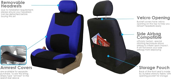 FH Group Universal Car Seat Covers Front Set for SUV Truck Sedan Vans | All-Purpose Cloth Seat Cover Set Airbag Compatible Washable Split Bench Protector Interior Upgrade - Blue