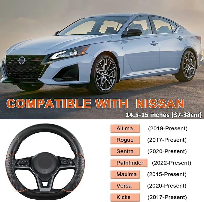 GIANT PANDA D Shape Steering Wheel Cover for Nissan Rogue Kicks - Auto Car Steering Wheel Cover Customized for Nissan Altima Sentra(Black+Orange Line-D-Shaped)