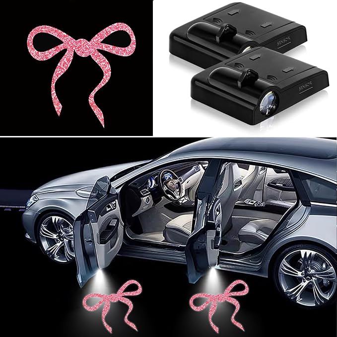 2PCS Car Door Lights,Bow Door Lights Logo Projector LED Shadow Welcome Lamp,Bow Car Accessories Gifts for Women Men,Suitable for All Vehicles Motorcycle Bike