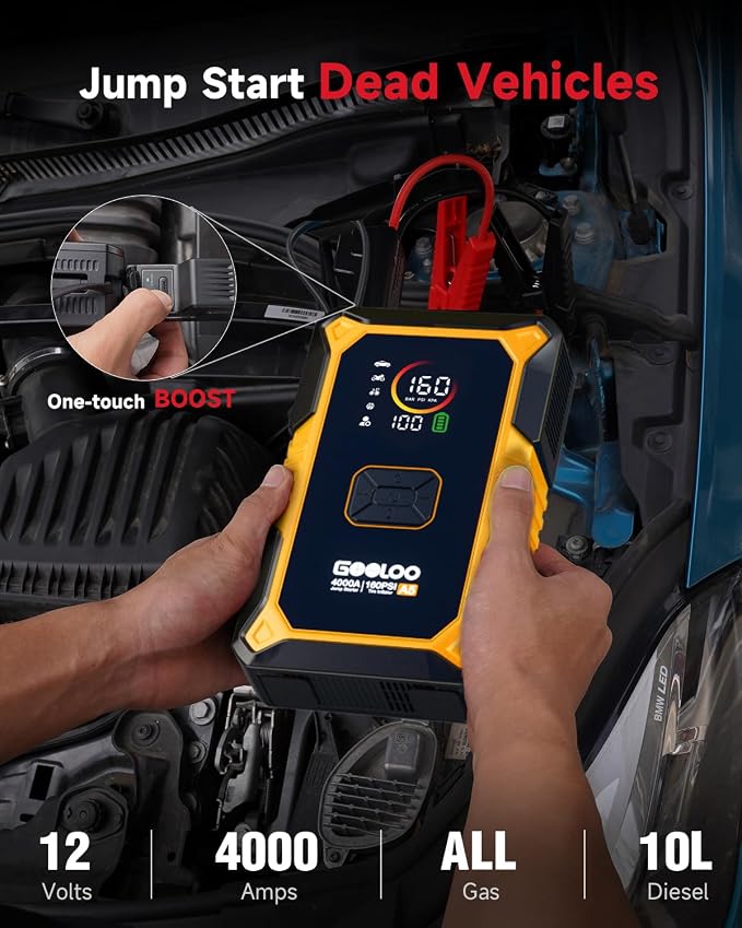 GOOLOO A5 Car Jump Starter with Air Compressor, 4000A Portable Car Jump Starter (All Gas/10.0L Diesel) with 160PSI Auto-Off Tire Inflator, 45W PD Fast Charging,12V Battery Jumper Starter Portable