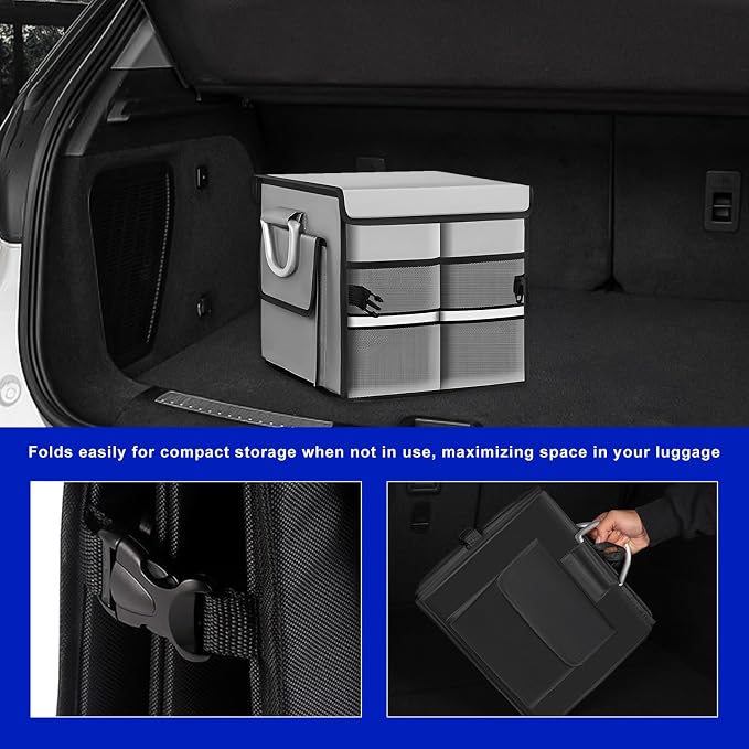 Car Trunk Organizer with Lid, 28L Collapsible Oxford Auto Storage Organizer with Reflective Strip & Handle, Multi-Purpose 2-Compartment Cargo Container for Cars SUVs Trucks (Gray)