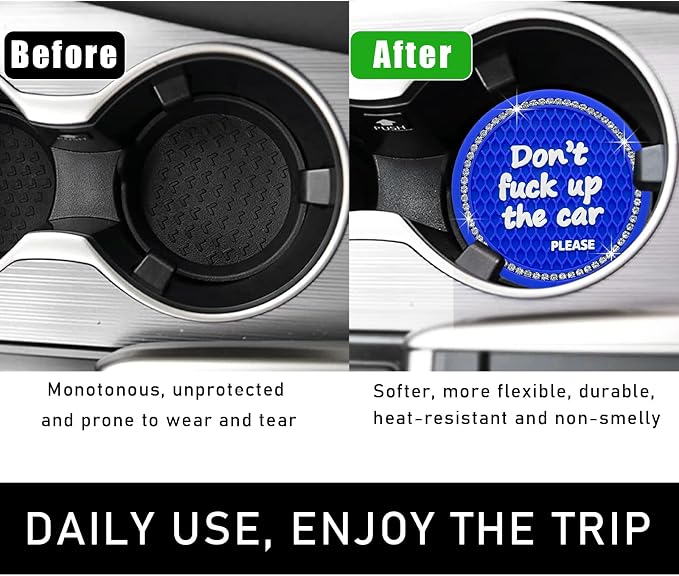 Ohleats Bling Car Cup Coaster, 2.75 Inch Non-Slip Don't Fuck Up My Car Please Cup Holder Insert Coaster, Crystal Rhinestone Auto Drink Cup Mat, Universal Car Accessories (Blue-4PCS)