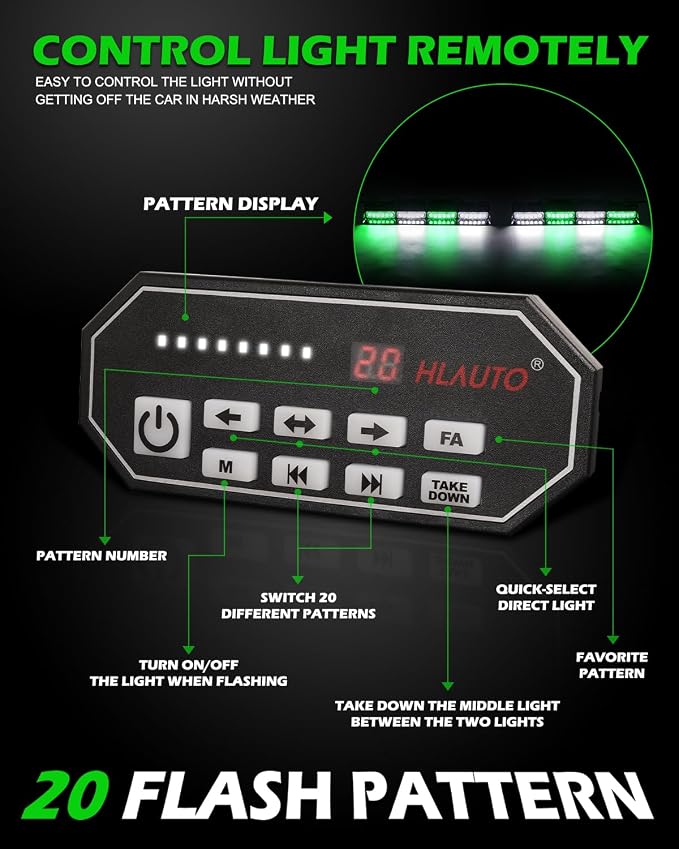 HLauto 604N Emergency Dash Strobe Lights: 2x16.8 inch Green White Security Light with/Take Down, 48 LED Safety Flashing Warning Hazard Interior Windshield Light Bar for Trucks Vehicles