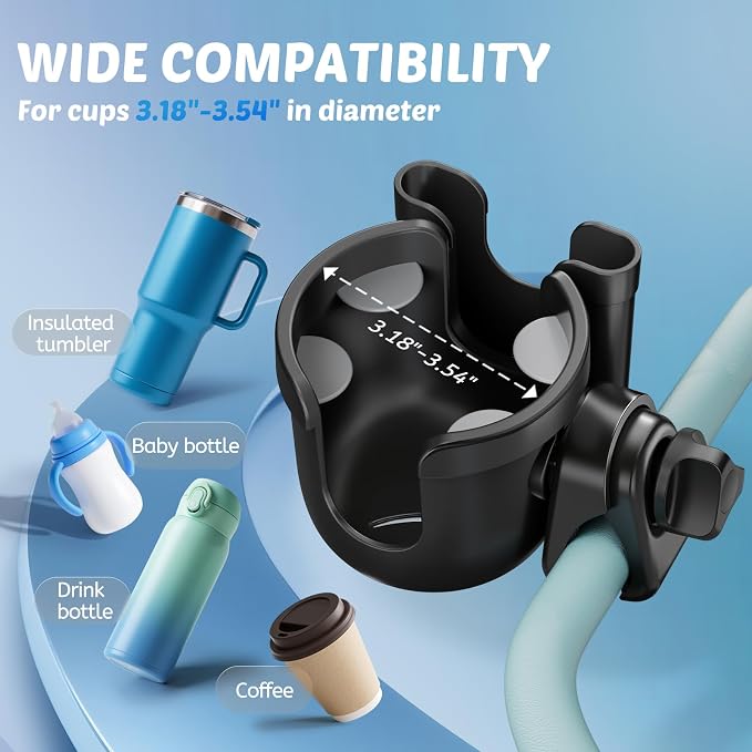 2 Pack Cup Holder for Walker: Stroller Cup Holder with Phone Holder Black | Wheelchair/Rollator/Scooter Stroller Accessories, Fits for Uppababy, Nuna, Doona, Baby Travel Essentials, Gifts for New Mom
