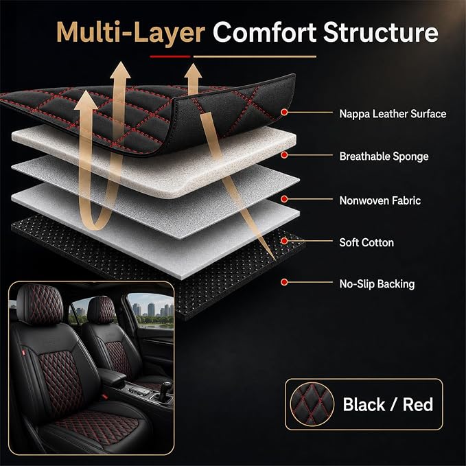 Red and Black Thick Nappa Leather Automotive Car Seat Covers Full Set | Univerasal Precision Fit,3D Contoured,Waterproof,ThickTexture Nappa Leather,for most Suvs Trucks Sedans