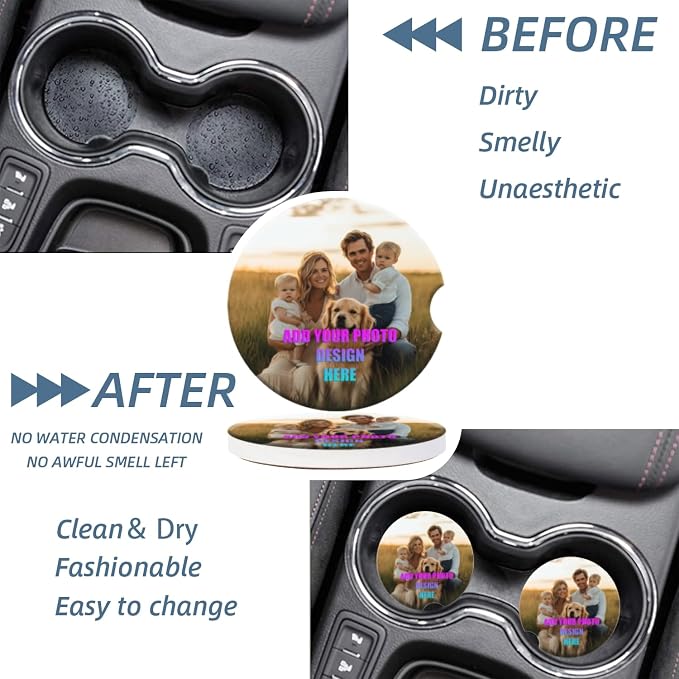 Personlized Cup Holder for Car,Upload Your Design/Logo/Photo Here. Ceramic Coasters Non-Slip Cup Holder Insert with Fingertip Grip, Auto Interior Accessories for Women & Men,Pack of 2, 2.56In