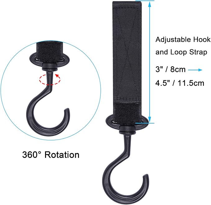 Wisdompro 4 Pack Car Seat Headrest Hook, Multi-Purpose Hanger for Stroller | Adjustable & 360° Rotating, Large to Hang Grocery Bag, Garment Bag, Handbag, Purse, Coat, Clothes, Traveling, Sports, Black