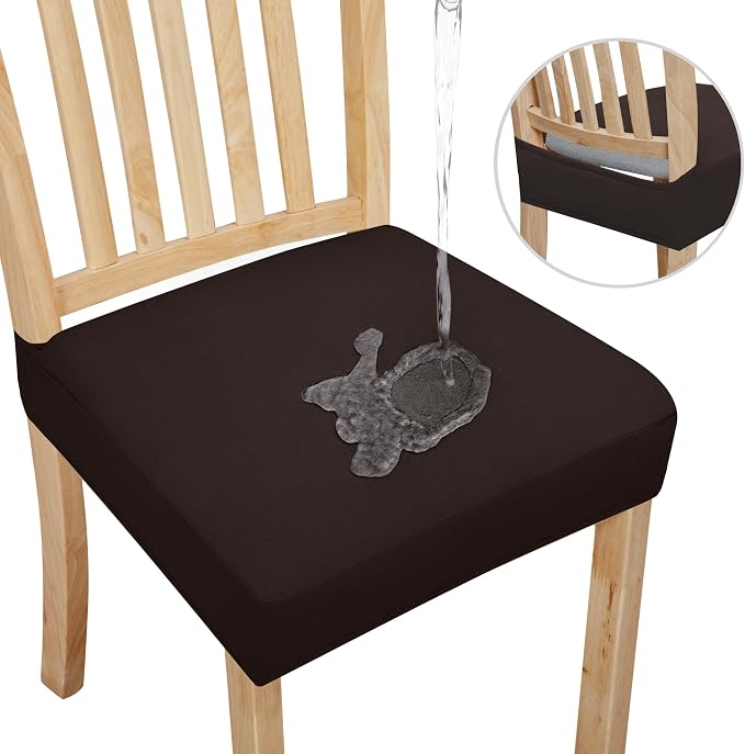 Easy-Going 100% Waterproof Seat Covers for Dining Room Chairs Set of 6, Stretch Chair Seat Slipcovers Protector Removable and Washable Kitchen Dining Chair Covers, Chocolate