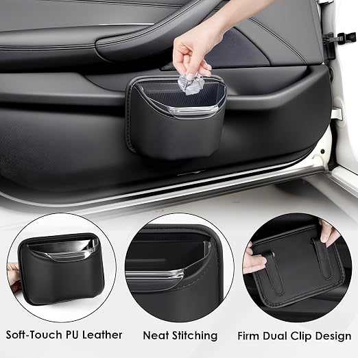 PIFOOG Small Car Trash Can for Side Door Back Seat Leather Leakproof Removable Liner Clip On Automotive Garbage Bin Compact Auto Trashcan Multipurpose Storage Organizer Container 0.22 Gal