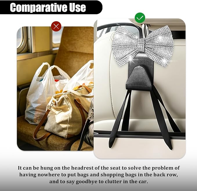 2PCS Bling Bow Headrest Hooks, Car Seat Bag Hangers, White Black | Pvc and rhinestone construction, butterfly bow decoration, rear seat storage, bag and coat hanging, car interior accessories