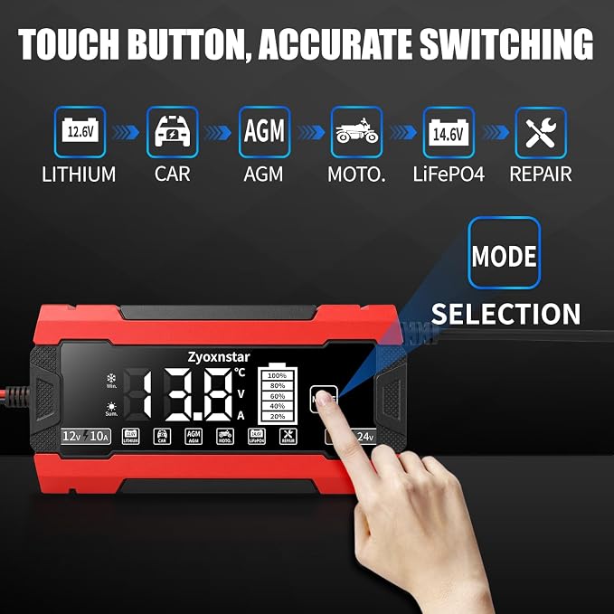 Battery Charger 10 AMP, 12V/24V LiFePO4 Lead Acid Car Battery Pulse Repair Charger, Smart 10-Stage Maintainer & Trickle Charger w/Temp Compensation