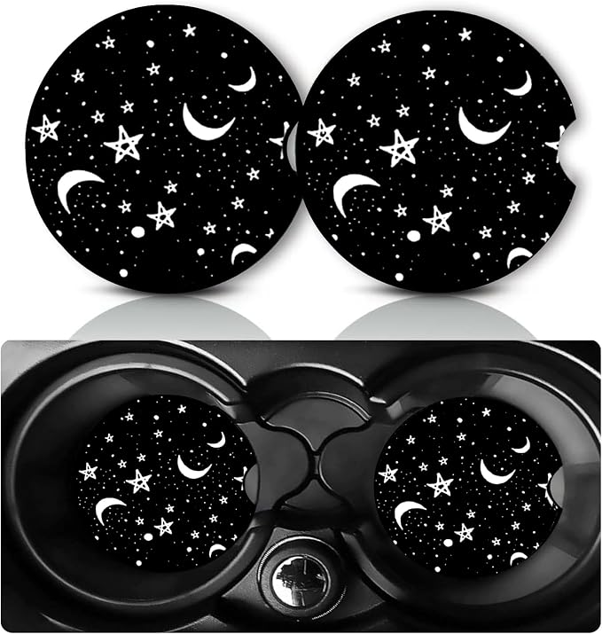 2 Pack Stars Moon Car Cup Holder Coasters Neoprene Anti Slip Rubber Mat | Starry Sky Car Accessories Interior Decor 2.75" Universal Size Insert Auto Coasters Stars Moon Gifts for Women Men