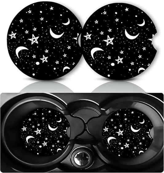 2 Pack Stars Moon Car Cup Holder Coasters Neoprene Anti Slip Rubber Mat | Starry Sky Car Accessories Interior Decor 2.75" Universal Size Insert Auto Coasters Stars Moon Gifts for Women Men