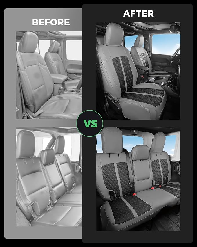 for Jeep Wrangler Seat Covers 4Door JL 2018 2019 2020 2021 2022 2023 2024 2025 2026, Custom Fit Car Seat Cover Full Set, Luxury Waterproof Leather Protectors, Gray Black, with Rear Cup Holder