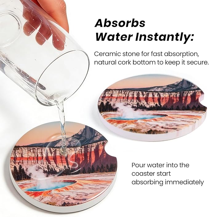 2 Pack Car Coasters for Cup Holders, Absorbent Ceramic Stone Cup Coaster with Non-slip Cork Base and Finger Notch, Yellowstone Volcano Landscape Auto Interior Accessories,Universal Fit 2.59 In