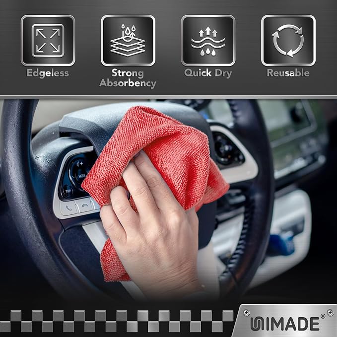 UNIMADE Shop Towels, 100 Pack Commercial Grade Work Rags Microfiber Towels for Cars Cleaning Rag Bulk Detailing Cloth for Automotive Bar Mechanic Restaurant Garage Housekeeping, 11.5"x 11.5", Red