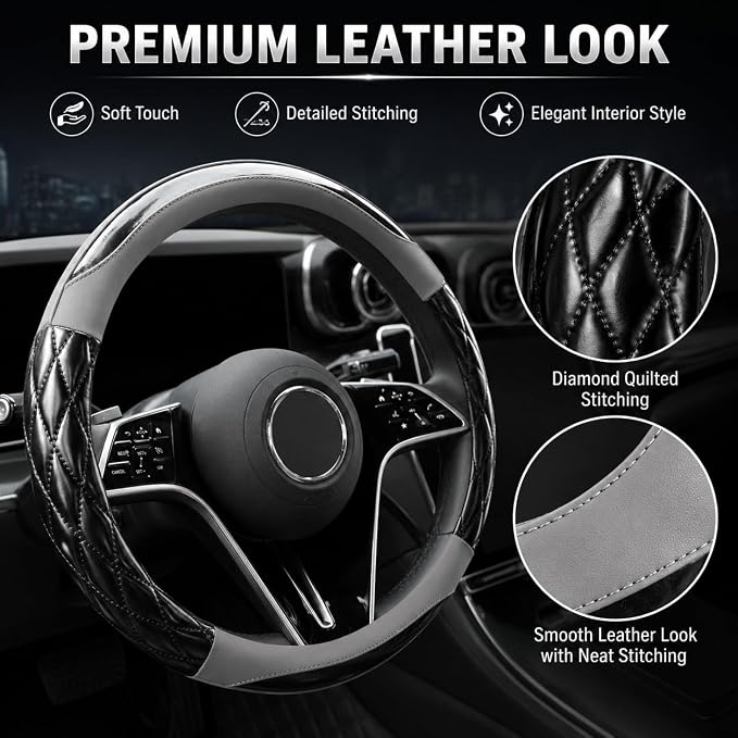 14.5-15 Inch Leather Steering Wheel Cover with Soft Padded Lining, Anti-Slip Comfort Grip, Universal Steering Wheel Protector for Most Cars, SUVs, Trucks (Grey)