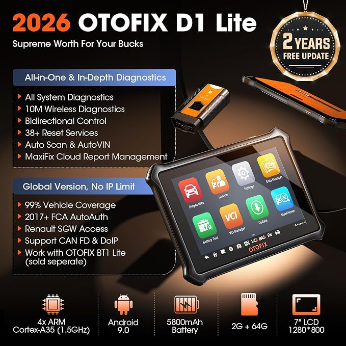 OTOFIX D1 Lite 2026 Bidirectional Scan Tool, Wireless Diagnostic Scanner | 2-Year Free Update, 38+ Services, FCA SGW, CANFD & DoIP, All System Diagnoses, ABS Bleeding, Auto VIN, for 99.99% of Cars