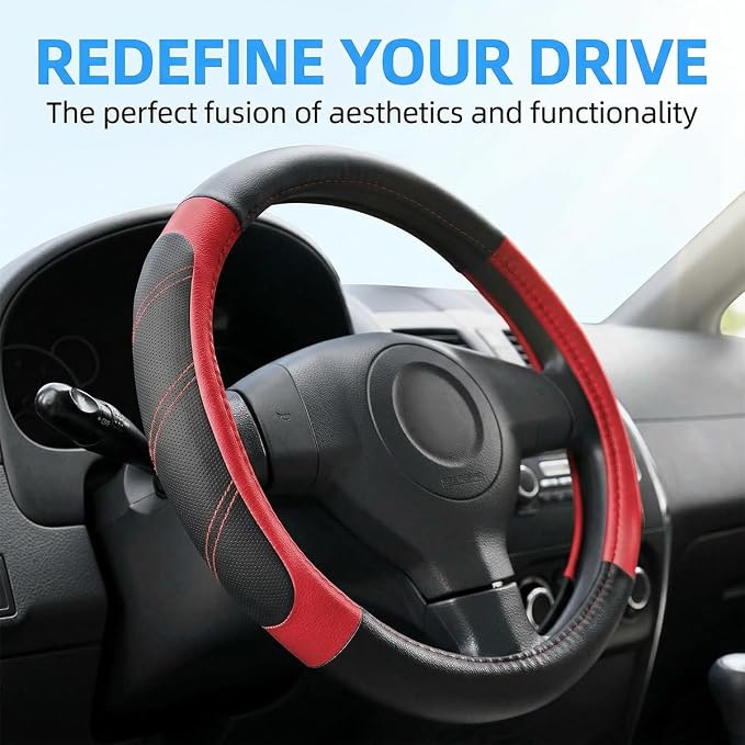 Osilly Car Steering Wheel Cover, 14.5-15" Leather Breathable Anti-Slip Stylish Steering Wheel Protector, Comfortable Auto Interior Decoration Accessories, Universal for SUV Van Truck (Black Red)