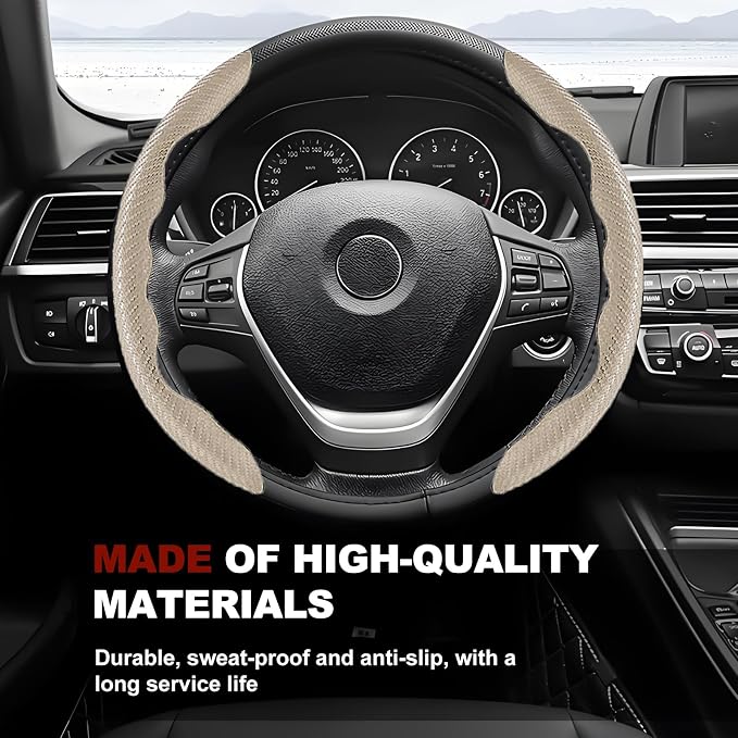 Universal Fit Carbon Fiber Steering Wheel Cover, Segmented Steering Wheel Protector, Carbon Fiber Anti-Skid Steering Wheel Cover Car Interior Accessories (2 Pcs Khaki)