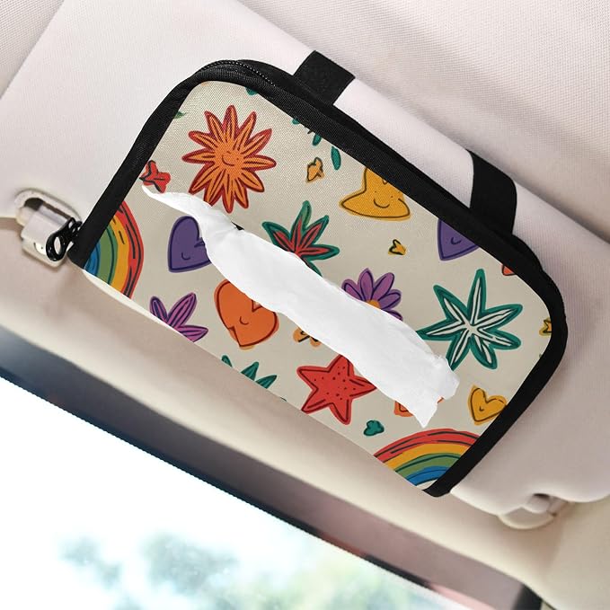 Car Visor Tissue Holder Mask Holder for Car, Car Tissue Box Sun Visor Napkin Holder Car Visor Accessories Adjustable Straps Reusable Durable Easy to Install Beige Doodle Star Heart Rainbow