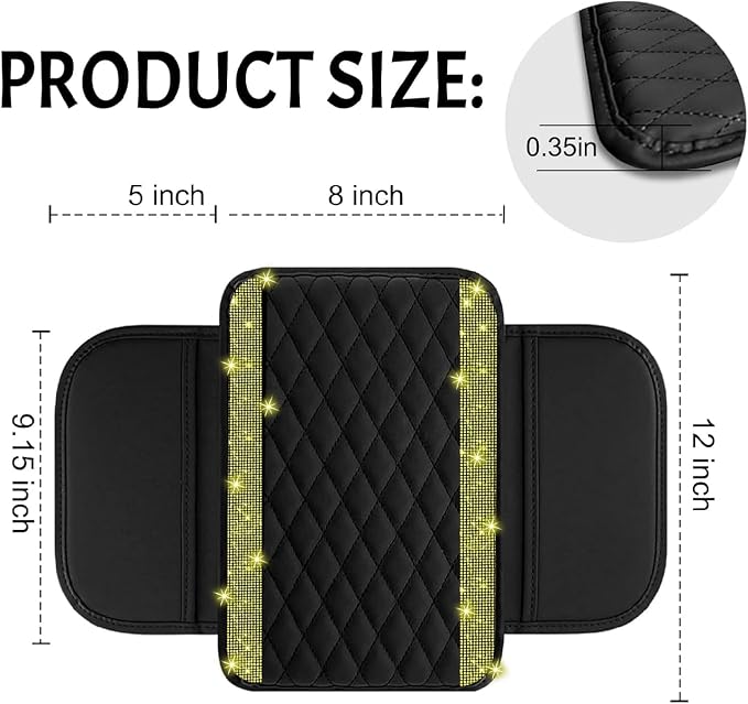 NBTEPEM Bling Car Center Console Cover, Leather Car Arm Rest Cover Cushion with 2 Storage Bags, Universal Auto Armrest Protector Storage Box, Bling Accessories Interior for Most Vehicles (Yellow)