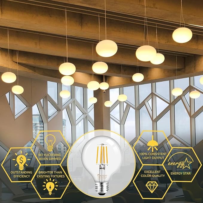MASTERY MART G25 Globe Light Bulbs, Dimmable, E26 Base, 60W Equivalent, 2700K Soft White, Vintage Filament for Bathroom Mirror, 5.5W LED, UL Listed, Energy Star, 6-Pack