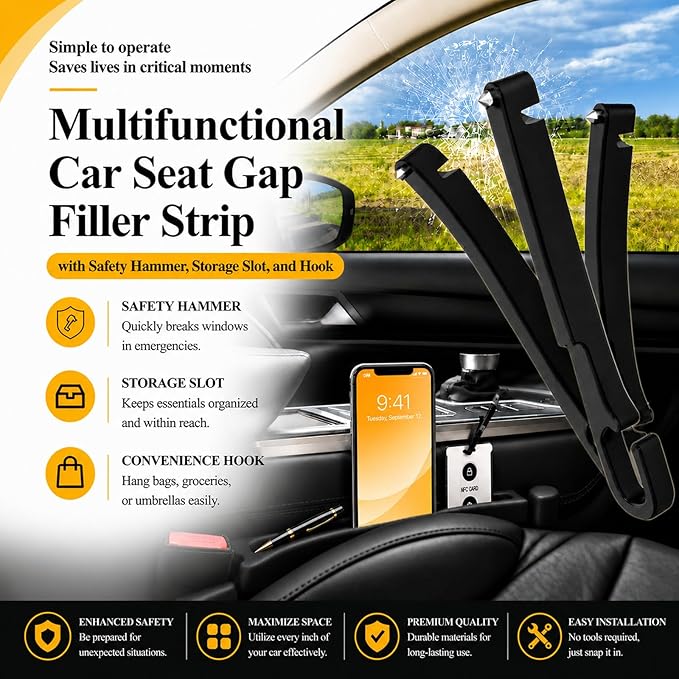 2 PCS Car Seat Gap Filler Compatible with Honda CR-V, HR-V, Pilot, Passport Accessories, Seat Gap Organizer with Emergency Glass Breaker & 1 Sunglasses Holder, Black