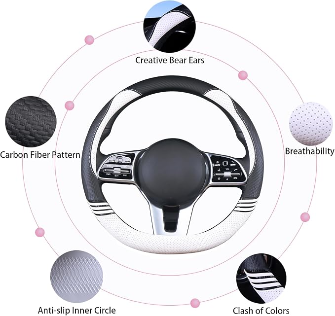 14 inch Cute Leather D Shape Steering Wheel Cover Black White | Breathable Faux Leather and Carbon Fiber Flat Bottom Car Accessories for Women Men Small 13.5 inch to 14 inch