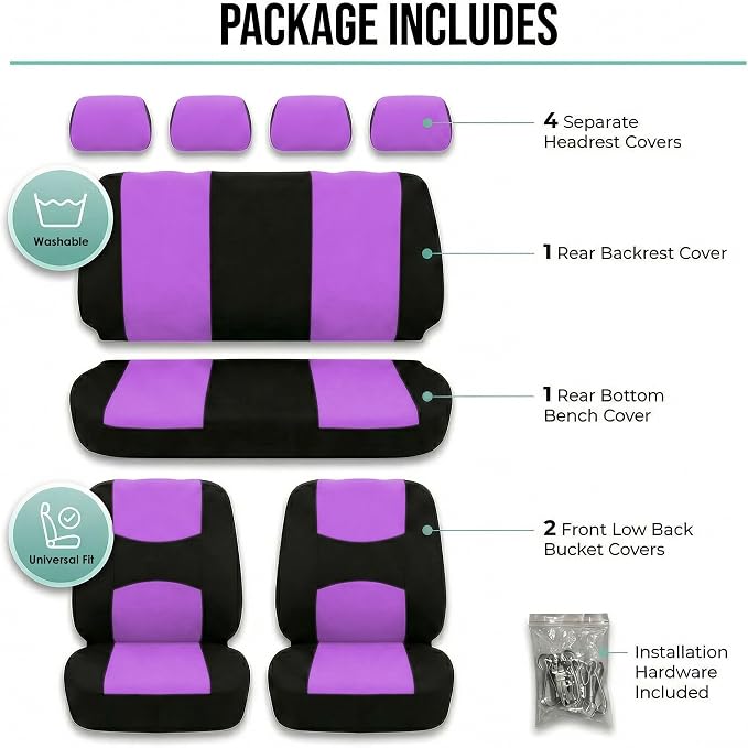 FH Group Car Seat Covers Full Set Cloth - Universal Fit Automotive Seat Covers, Low Back Front Seat Covers, Solid Back Seat Cover, Washable Car Seat Cover for SUV, Sedan and Van Purple
