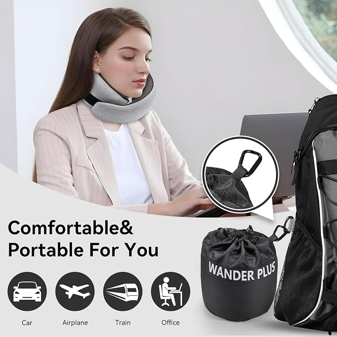 WANDER+ Plus® Travel Pillow, 100% Pure Memory Foam Travel Neck Pillow Airplane Neck Support Ergonomic Design Best for Sleeping Plane Car Train Office Flight for Adults Pink