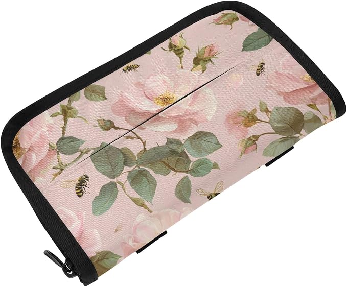 Cute Pink Rose and Bees Car Tissue Holder Durable Napkin Holder Hanging Tissue Holders Case Car Tissues Bag for Sun Visor Seat Back Universal Auto